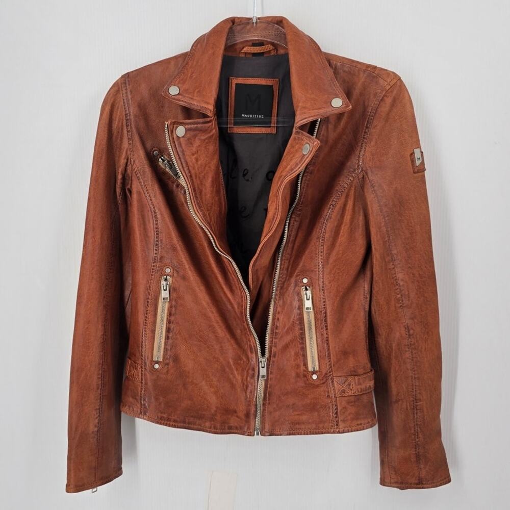 Mauritius Maysie RF Distressed Lamb Leather Studded Peace Moto Jacket Brown 4